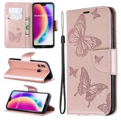 Embossing Double Butterfly Leather Wallet Case for Huawei P20 Lite - Rose Gold