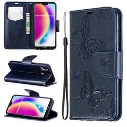 Embossing Double Butterfly Leather Wallet Case for Huawei P20 Lite - Dark Blue