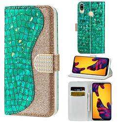 Glitter Diamond Buckle Laser Stitching Leather Wallet Phone Case for Huawei P20 Lite - Green
