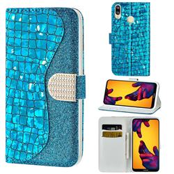 Glitter Diamond Buckle Laser Stitching Leather Wallet Phone Case for Huawei P20 Lite - Blue