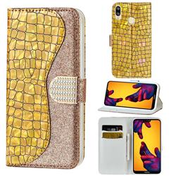 Glitter Diamond Buckle Laser Stitching Leather Wallet Phone Case for Huawei P20 Lite - Gold