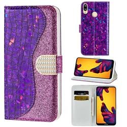 Glitter Diamond Buckle Laser Stitching Leather Wallet Phone Case for Huawei P20 Lite - Purple