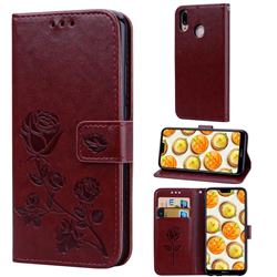 Embossing Rose Flower Leather Wallet Case for Huawei P20 Lite - Brown