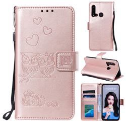 Embossing Owl Couple Flower Leather Wallet Case for Huawei P20 Lite(2019) - Rose Gold