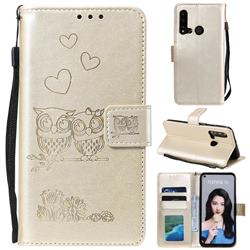 Embossing Owl Couple Flower Leather Wallet Case for Huawei P20 Lite(2019) - Golden