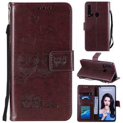 Embossing Owl Couple Flower Leather Wallet Case for Huawei P20 Lite(2019) - Brown