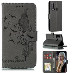 Intricate Embossing Lychee Feather Bird Leather Wallet Case for Huawei P20 Lite(2019) - Gray