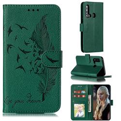 Intricate Embossing Lychee Feather Bird Leather Wallet Case for Huawei P20 Lite(2019) - Green