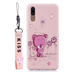 Pink Flower Bear Soft Kiss Candy Hand Strap Silicone Case for Huawei P20 Pro