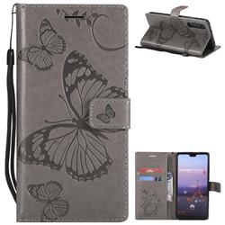 Embossing 3D Butterfly Leather Wallet Case for Huawei P20 Pro - Gray