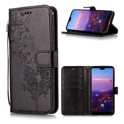 Intricate Embossing Dandelion Butterfly Leather Wallet Case for Huawei P20 Pro - Black