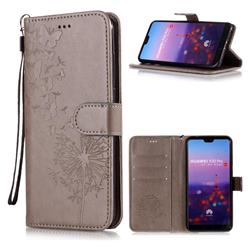 Intricate Embossing Dandelion Butterfly Leather Wallet Case for Huawei P20 Pro - Gray