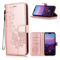 Intricate Embossing Dandelion Butterfly Leather Wallet Case for Huawei P20 Pro - Rose Gold