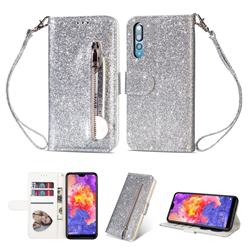 Glitter Shine Leather Zipper Wallet Phone Case for Huawei P20 Pro - Silver