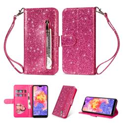 Glitter Shine Leather Zipper Wallet Phone Case for Huawei P20 Pro - Rose