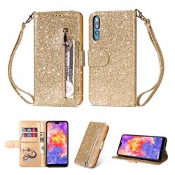 Glitter Shine Leather Zipper Wallet Phone Case for Huawei P20 Pro - Gold