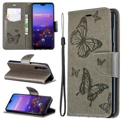 Embossing Double Butterfly Leather Wallet Case for Huawei P20 Pro - Gray