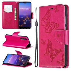 Embossing Double Butterfly Leather Wallet Case for Huawei P20 Pro - Red