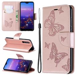 Embossing Double Butterfly Leather Wallet Case for Huawei P20 Pro - Rose Gold