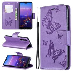 Embossing Double Butterfly Leather Wallet Case for Huawei P20 Pro - Purple