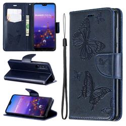 Embossing Double Butterfly Leather Wallet Case for Huawei P20 Pro - Dark Blue