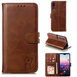 Embossing Happy Cat Leather Wallet Case for Huawei P20 Pro - Brown