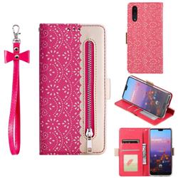 Luxury Lace Zipper Stitching Leather Phone Wallet Case for Huawei P20 Pro - Rose