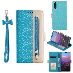 Luxury Lace Zipper Stitching Leather Phone Wallet Case for Huawei P20 Pro - Blue