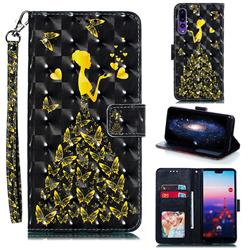 Golden Butterfly Girl 3D Painted Leather Phone Wallet Case for Huawei P20 Pro