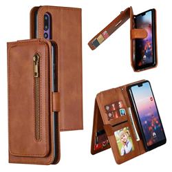Multifunction 9 Cards Leather Zipper Wallet Phone Case for Huawei P20 Pro - Brown