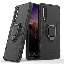 Black Panther Armor Metal Ring Grip Shockproof Dual Layer Rugged Hard Cover for Huawei P30 - Black