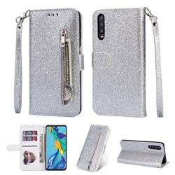 Glitter Shine Leather Zipper Wallet Phone Case for Huawei P30 - Silver