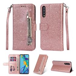 Glitter Shine Leather Zipper Wallet Phone Case for Huawei P30 - Pink