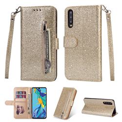 Glitter Shine Leather Zipper Wallet Phone Case for Huawei P30 - Gold