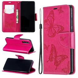 Embossing Double Butterfly Leather Wallet Case for Huawei P30 - Red