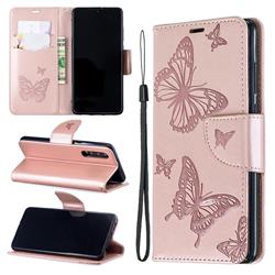 Embossing Double Butterfly Leather Wallet Case for Huawei P30 - Rose Gold