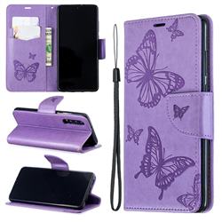 Embossing Double Butterfly Leather Wallet Case for Huawei P30 - Purple