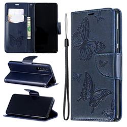 Embossing Double Butterfly Leather Wallet Case for Huawei P30 - Dark Blue