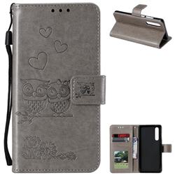 Embossing Owl Couple Flower Leather Wallet Case for Huawei P30 - Gray