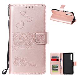 Embossing Owl Couple Flower Leather Wallet Case for Huawei P30 - Rose Gold
