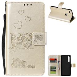Embossing Owl Couple Flower Leather Wallet Case for Huawei P30 - Golden