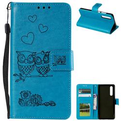 Embossing Owl Couple Flower Leather Wallet Case for Huawei P30 - Blue