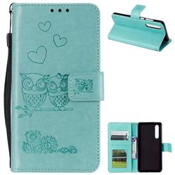 Embossing Owl Couple Flower Leather Wallet Case for Huawei P30 - Green
