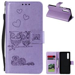 Embossing Owl Couple Flower Leather Wallet Case for Huawei P30 - Purple