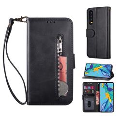 Retro Calfskin Zipper Leather Wallet Case Cover for Huawei P30 - Black