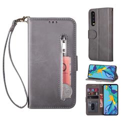 Retro Calfskin Zipper Leather Wallet Case Cover for Huawei P30 - Grey