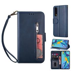 Retro Calfskin Zipper Leather Wallet Case Cover for Huawei P30 - Blue