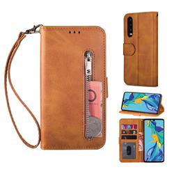 Retro Calfskin Zipper Leather Wallet Case Cover for Huawei P30 - Brown
