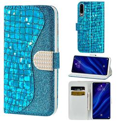Glitter Diamond Buckle Laser Stitching Leather Wallet Phone Case for Huawei P30 - Blue