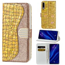 Glitter Diamond Buckle Laser Stitching Leather Wallet Phone Case for Huawei P30 - Gold